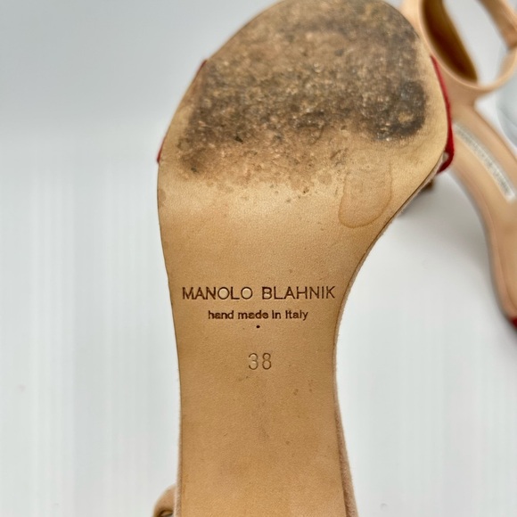 Manolo Blahnik Sz 38 Red and Tan Heels Lauratomod Velukid Block Sandals NO BOX - Picture 13 of 13